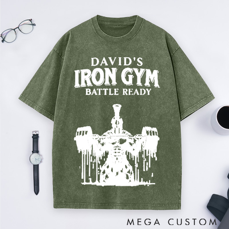 Personalized Gym Washed T-Shirts with Classic Soldier with Barbell Design for Fitness Enthusiasts Bodybuilders and Gym Lovers