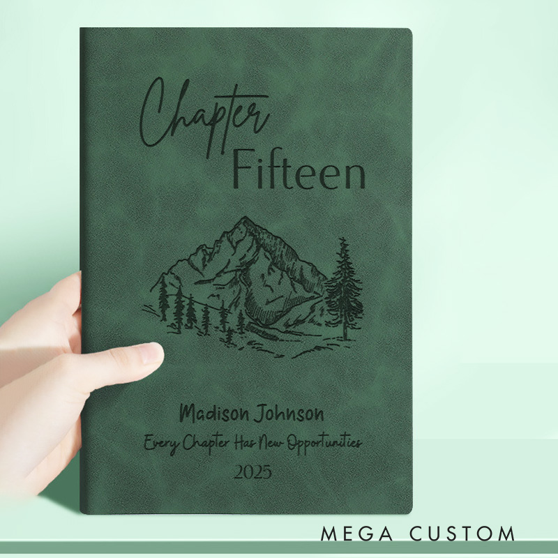 Personalized Leather Chapter Fifteen Journal Engraved Mountain Reading Notebooks Bookish Journal for Librarian Gift Book Lover Gift 15th Birthday Gift