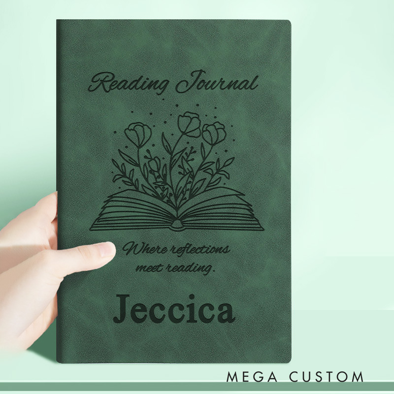 Personalized Leather Reading Journal Engraved Book and Flower Notebook with Name Librarian Journal for Book Lover Gift Bookish Gift