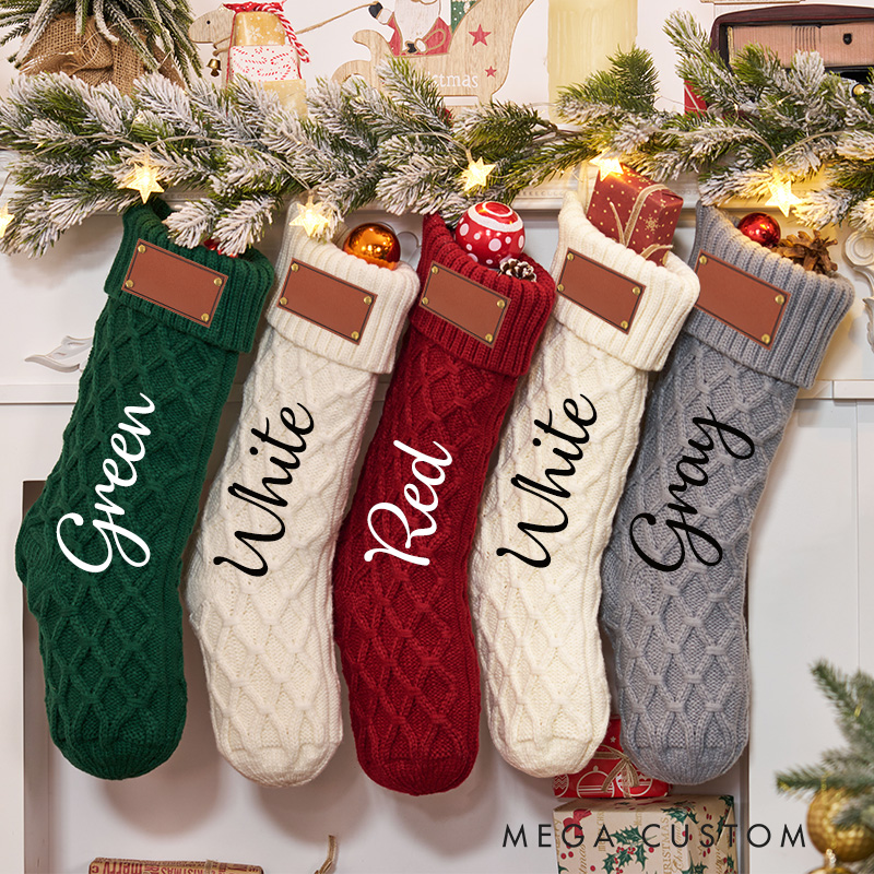 Personalized Family Christmas Stockings 2025 Family Stockings with Name Leather Patch Knitted Stockings Holiday Stockings Christmas Gift