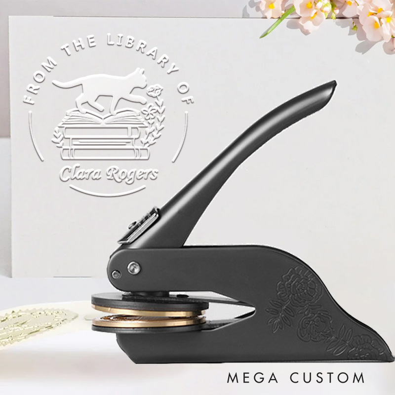 Personalized Flower Books and Cat Embosser Stamp with Name from the Library of Stamp Library Embosser Bookish Gift Book Lover Gift for Librarian