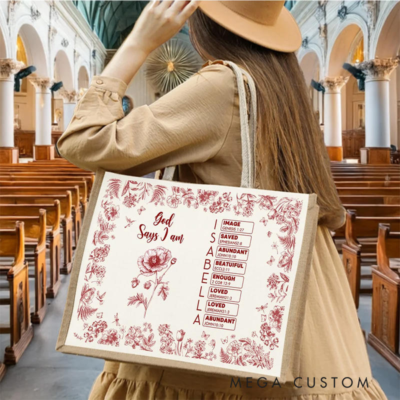 Personalized Toile De Jouy Birth Flower Bible Chapter Name Large Capacity Jute Tote Bag Baptism Birthday Christmas Gift for Women Christians