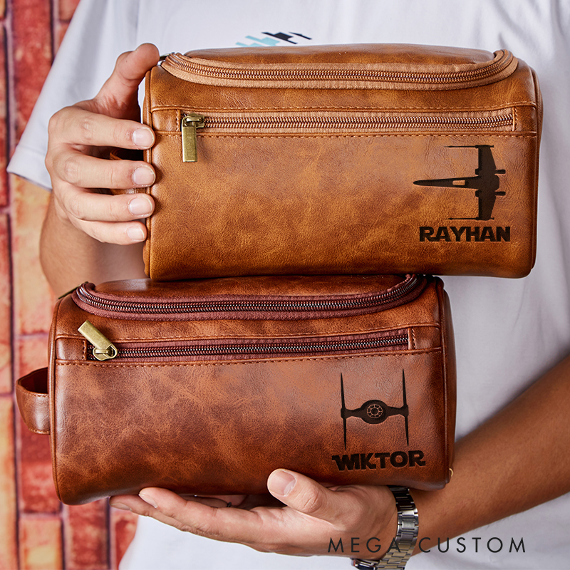 Personalized Spaceship Movie Leather Dopp Kit Galaxy War Film Mens Leather Toiletry Bag Engraved Dopp Bag Gift For Men