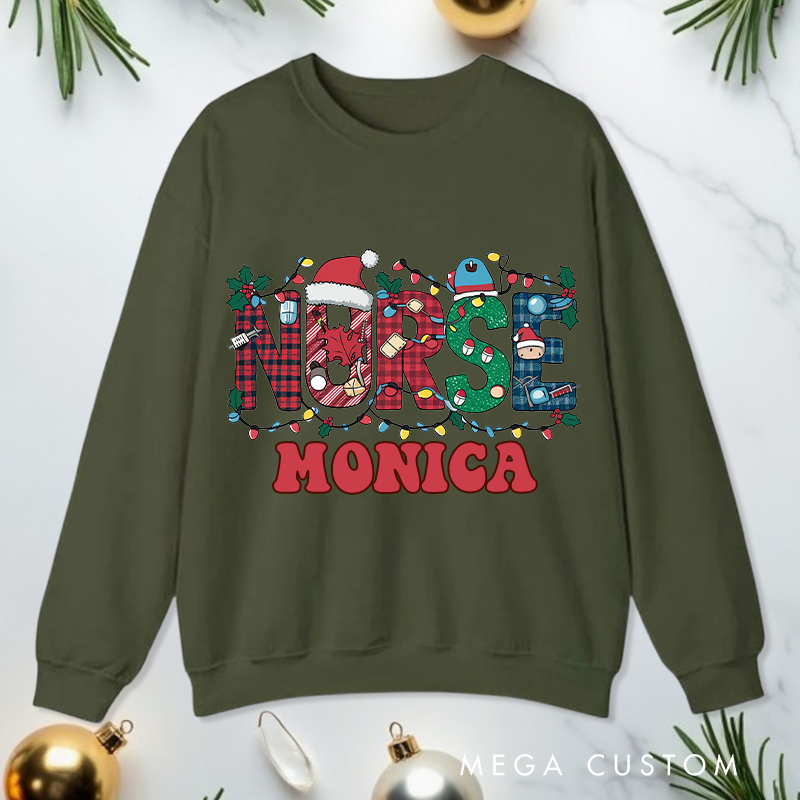 Personalized Nurse Sweatshirt Customized Festive Nurse Christmas Lights Design Sweatshirt Nurse Christmas Gifts 