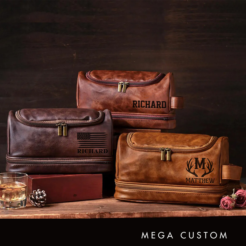 Personalized Classic American Graphic Hanging Leather Dopp Kit Art Lover Mens Leather Toiletry Bag Engraved Dopp Bag Gift For Men