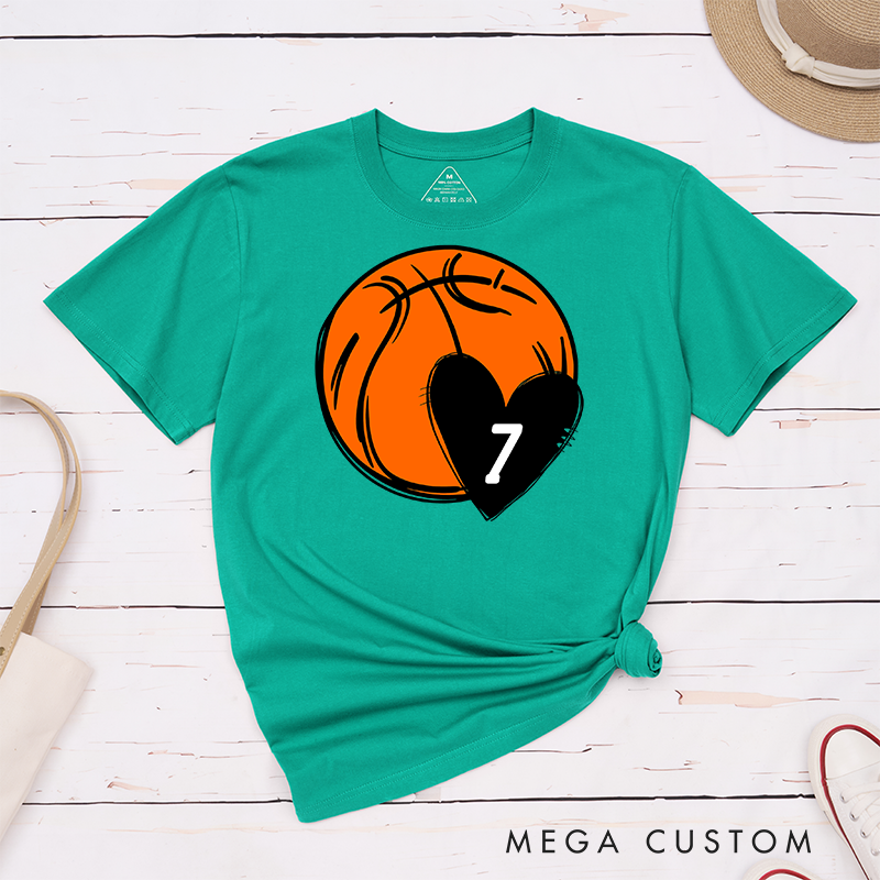 Personalized Basketball T-Shirt with Heart and Custom Jersey Number Design Perfect for Basketball Fans and Players