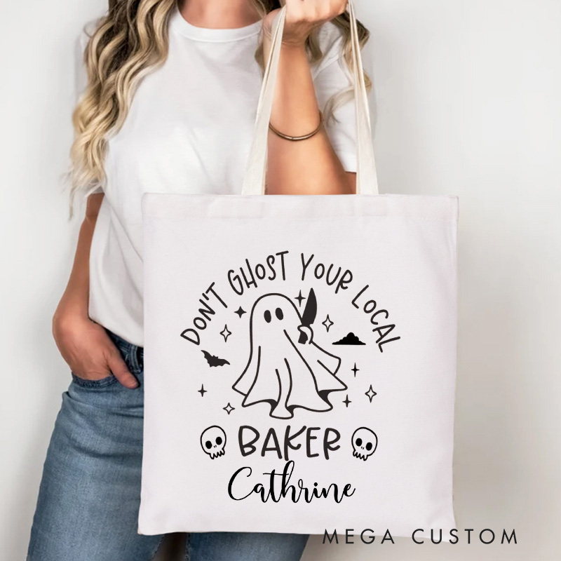 Personalized Don't Ghost Your Local Baker Tote Bag Custom Ghost Baking Canvas Bag with Name Spooky Baker Tote for Baking Lover Gift