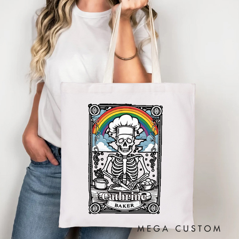 Personalized Baker Skeleton Gay Pride Tote Bag Custom LGBT Rainbow Baker Canvas Bag with Name Spooky Baker Tote for Baking Lover Gift