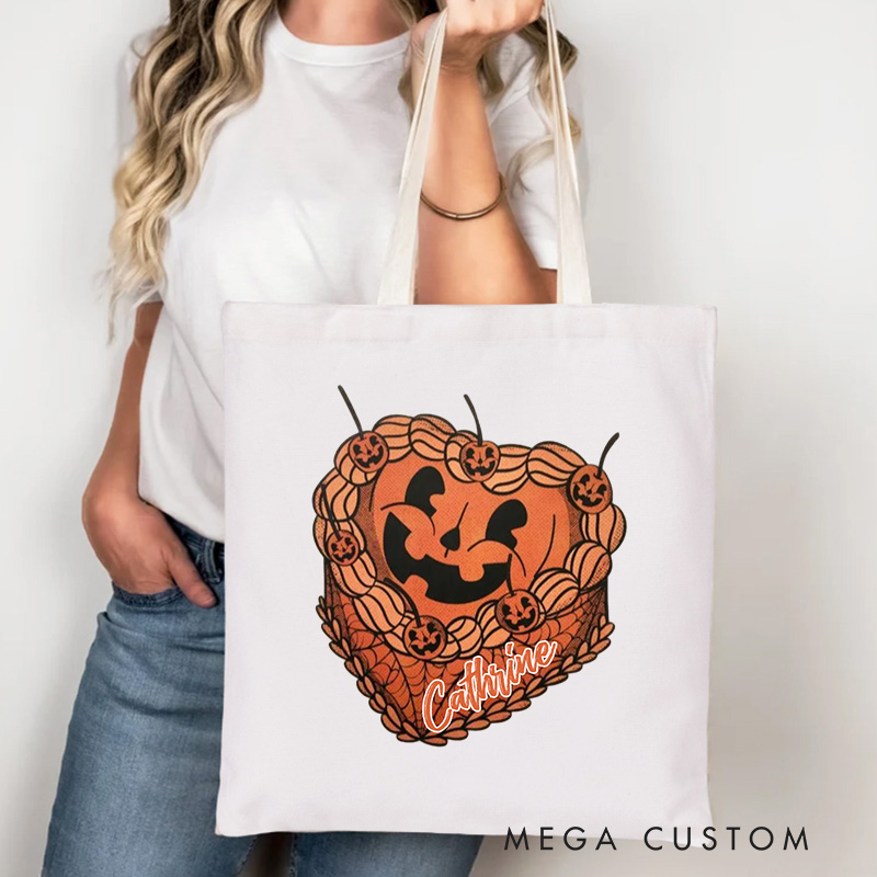 Personalized Girly Pumpkin Cake Tote Bag Custom Halloween Girly Baker Canvas Bag with Name Cake Baker Tote for Baking Lover Gift
