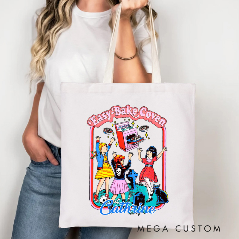 Personalized Easy Bake Coven Tote Bag Custom Trick or Treat Canvas Bag with Name Spooky Baking Tote for Baking Lover Gift