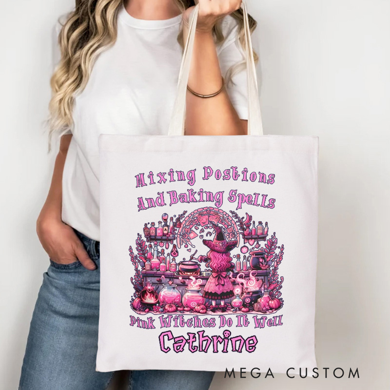 Personalized Mixing Postions and Baking Spell Tote Bag Custom Pink Witch Halloween Bag with Name Baking Tote for Baking Lover Gift