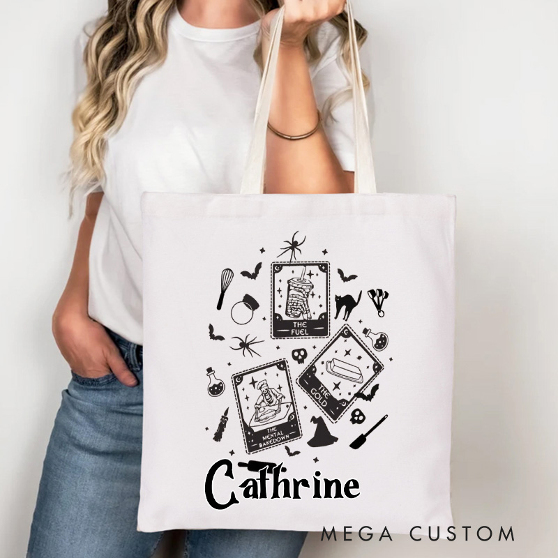 Personalized Halloween Baking Tote Bag Custom Bakery Canva Bag with Name Baker Tarot Card for Baking Lover Gift