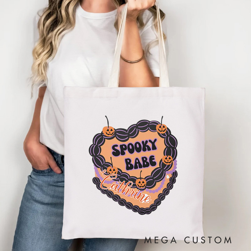 Personalized Spooky Babe Tote Bag Custom Halloween Spooky Cake Bag with Name Goth Pumpkin Cake Bag for Baking Lover Gift