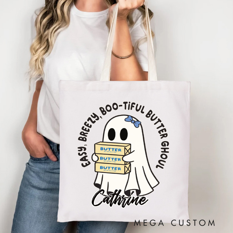 Personalized Easy Breezy Boo-tiful Butter Ghoul Tote Bag Custom Halloween Baking Tote with Name Bakers and Butter Bag Baking Lover Gift