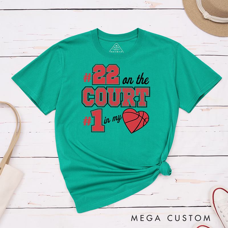 Personalized Basketball Fan T Shirt with Custom Jersey Number and Heartfelt On the Court In My Heart Design