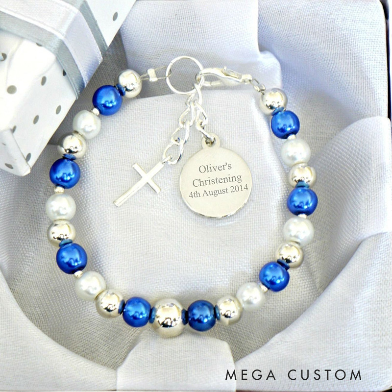 Personalized Cross Acrylic Pearl Elastic Cord Baptism Bracelet with Name and Date Religious Christmas Gift for Christian Christening Gift