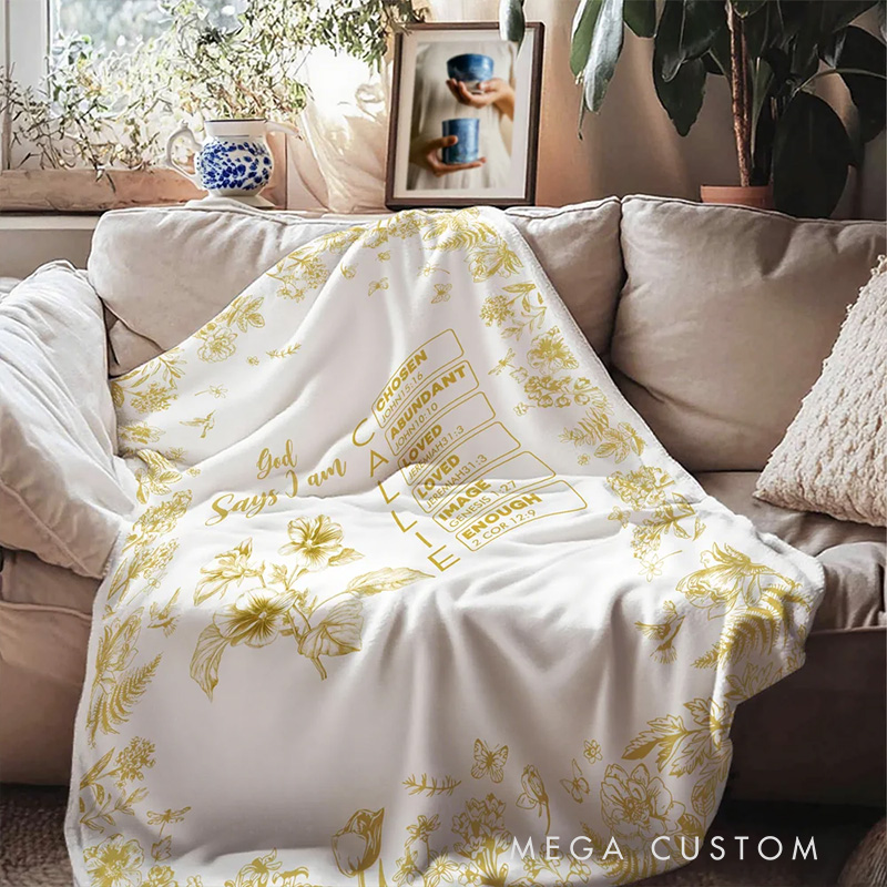 Personalized Toile De Jouy Birth Flower Bible Chapter Name Soft Throw Blanket Baptism Birthday Christmas Gift for Women Christians