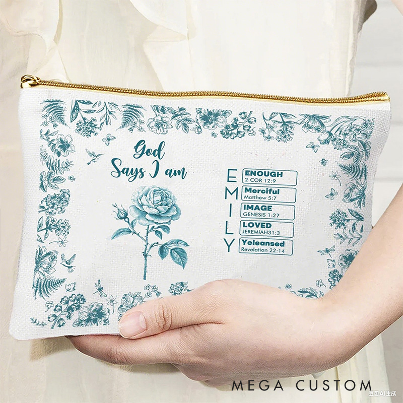 Personalized Toile De Jouy Birth Flower Bible Chapter Name Makeup Bag Baptism Birthday Christmas Gift for Women Christians