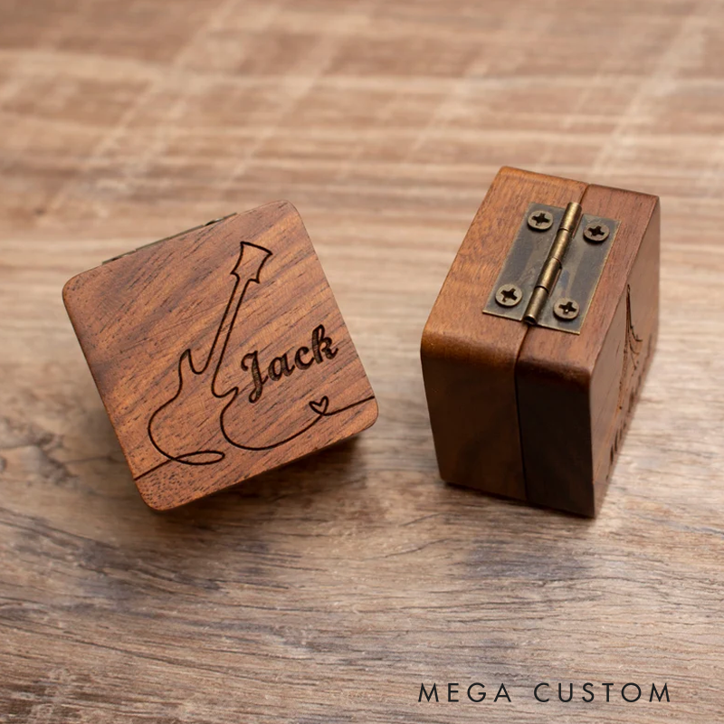 Personalized Wooden Guitar Picks with Case Custom Guitar Pick Holder Plectrum Box Guitar Player Gift