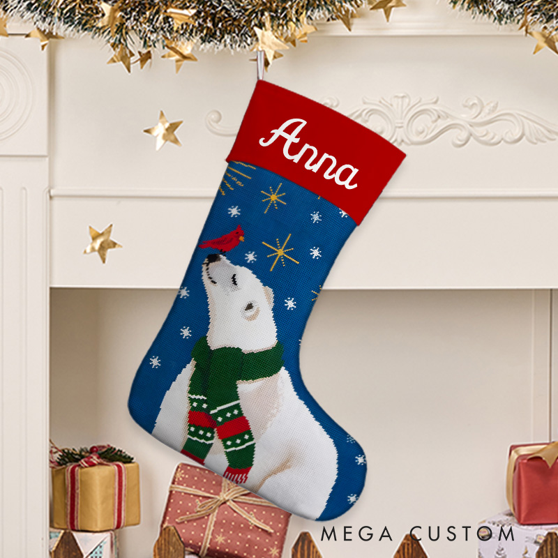 Personalized Polar Bear with Scarf Christmas Stocking