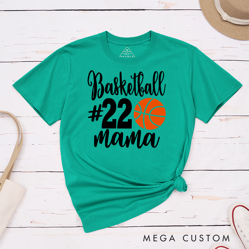 Personalized Basketball Mama T-Shirt with Custom Jersey Number Bold Basketball Graphic and Stylish Script Design for Proud Moms