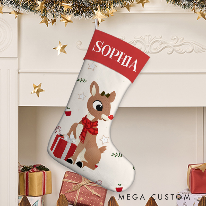 Personalized Reindeer with Gift Box Christmas Stocking