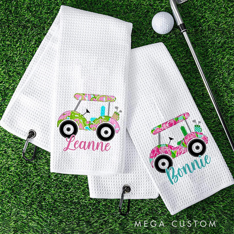 Personalized Golf Towel with Floral Golf Cart and Custom Name Design  