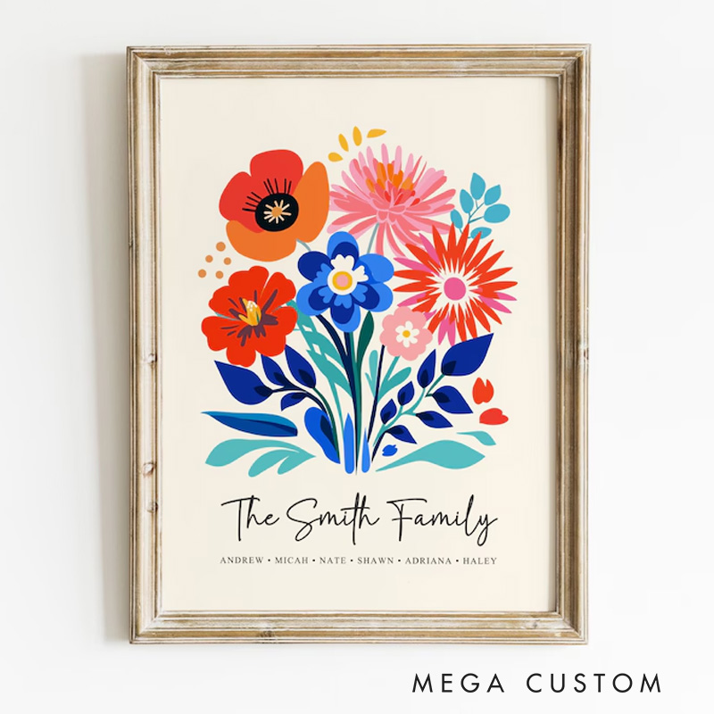 Personalized Illustration Birth Flower Family Bouquet Wall Art Birth Flower Poster Without Frame Custom Art