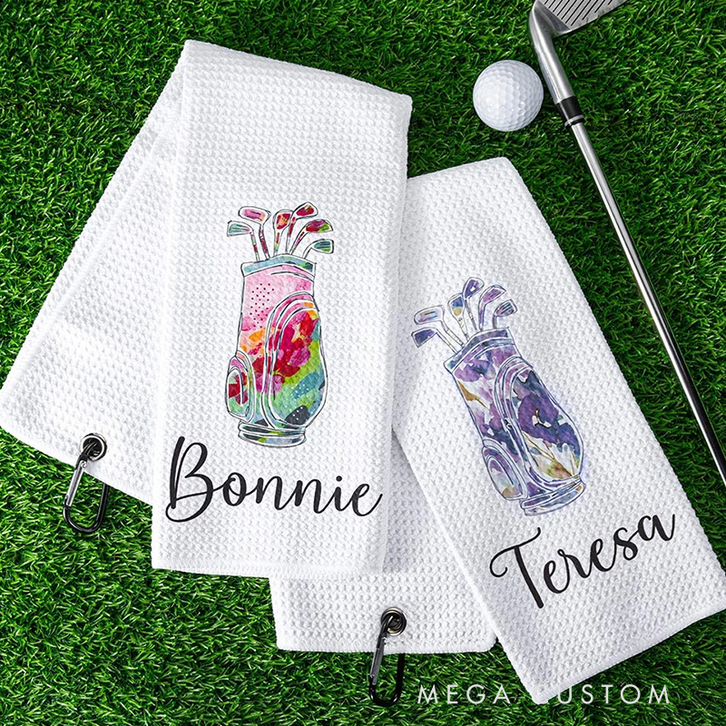 Personalized Golf Towel with Floral Golf Bag and Custom Name Design 