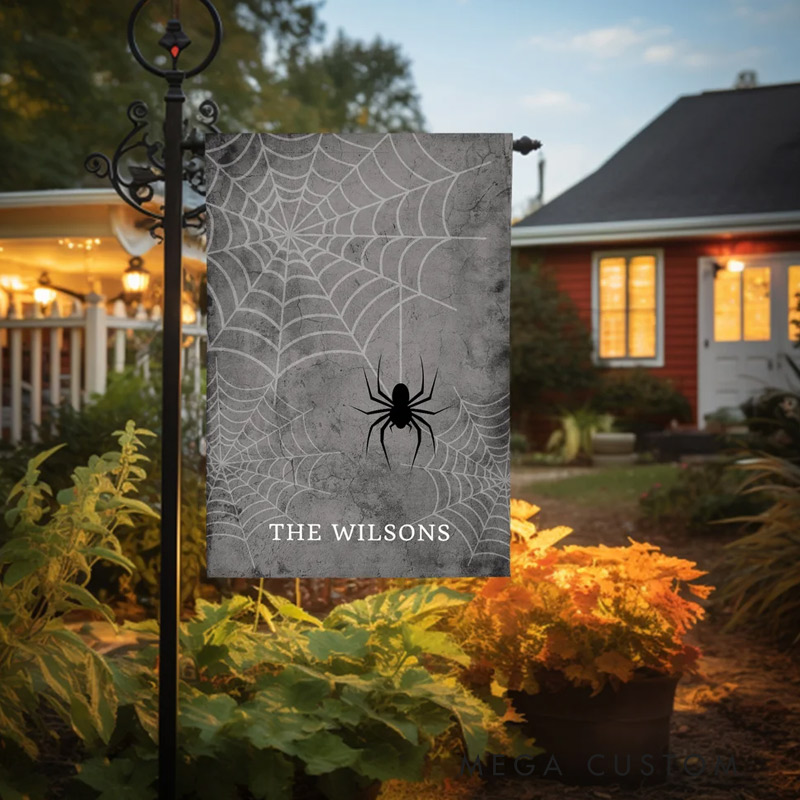 Personalized Spooky Spiderweb Garden Flag with Text Yard Porch Outdoor Decor Halloween Gift for Family Gardening Lovers Gift