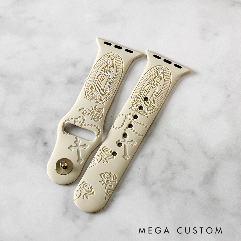 Personalized Virgin Mary with Rosa Cross Silicone Watch Band with Name for Apple Watch Religious Christian Gift for Her