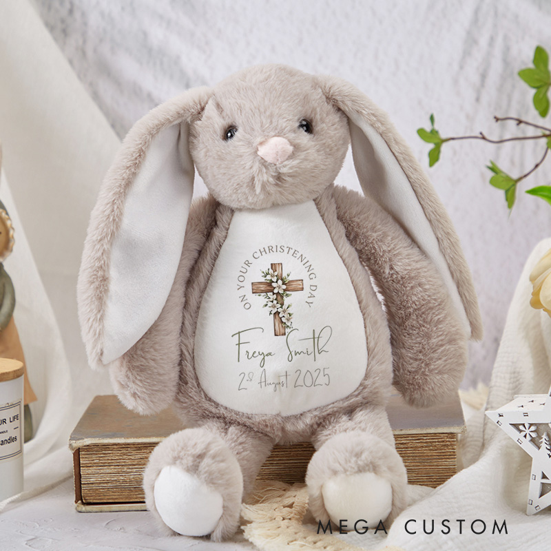 Personalized Floral Cross Cute Plush Bunny Stuffed Animal Toy with Name and Date Christening Gift Religious Gift for Kids