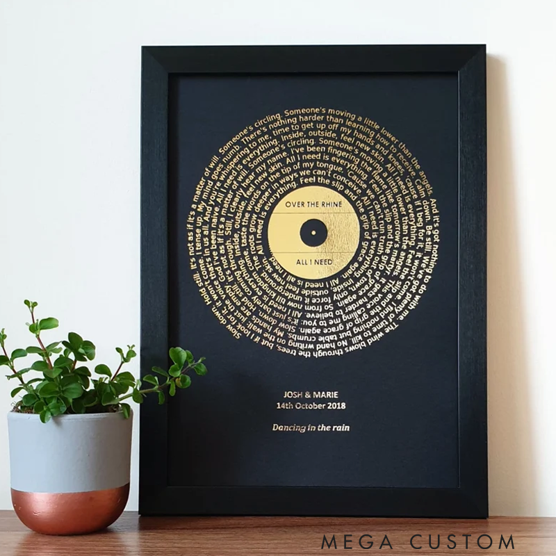 Personalized Metallic Foil Song Lyrics Art Without Frame Custom Copper Silver Gold or Rose Gold Foil Lyric Print Favourite Record Print Music Poster