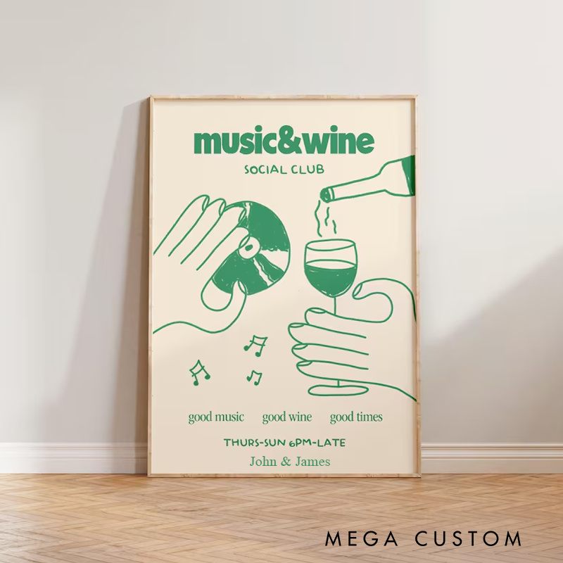 Personalized Music Poster Print Music & Wine Illustration Wall Art Wine Print Without Frame Wall Decor Retro Social Club Poster
