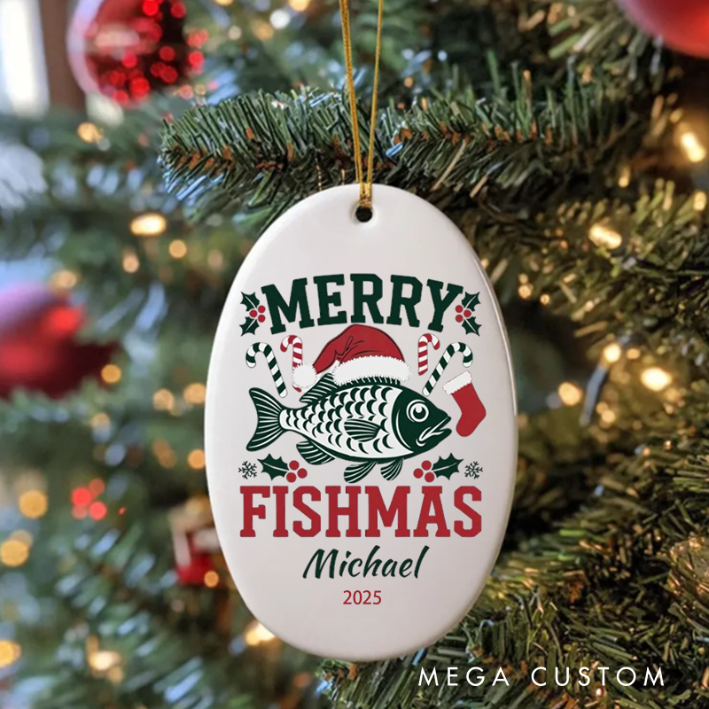 Personalized Fishing Christmas Ornament Merry Fishmas Ornament Custom Gift For Fisherman Gift For Fishing Lover Bass Fishing Ornament