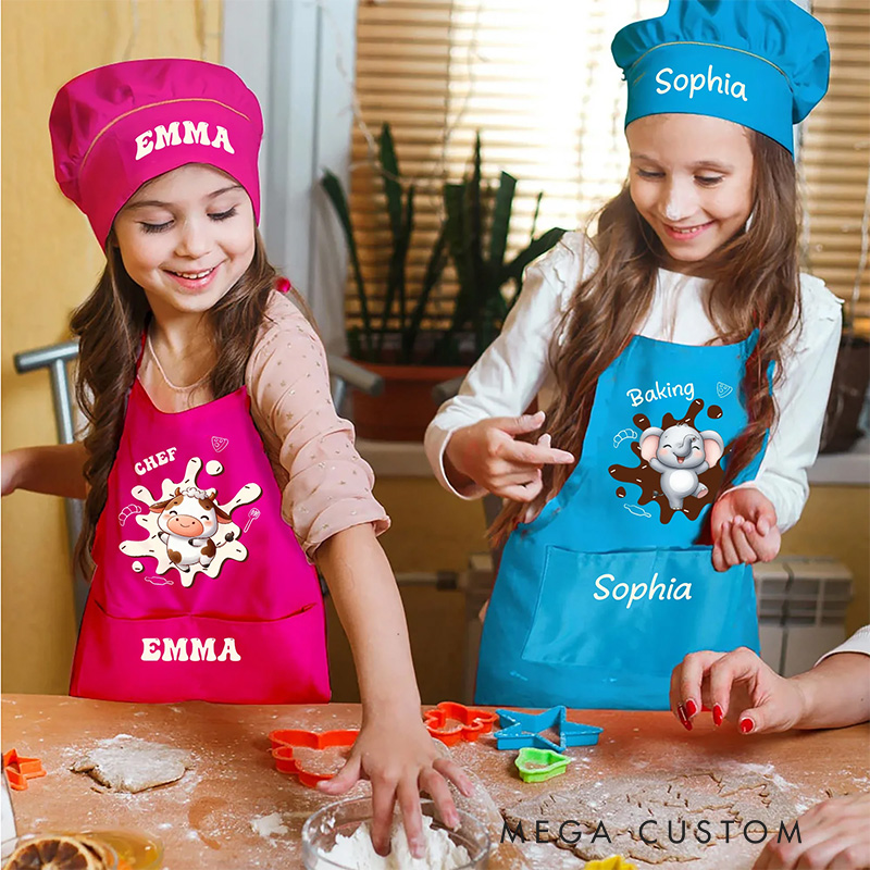 Personalized Adjustable Kid Apron Baking Hat Set Apron Animal Fantasy Apron with Name Baking Lover Gift Birthday Holiday Gift for Kids