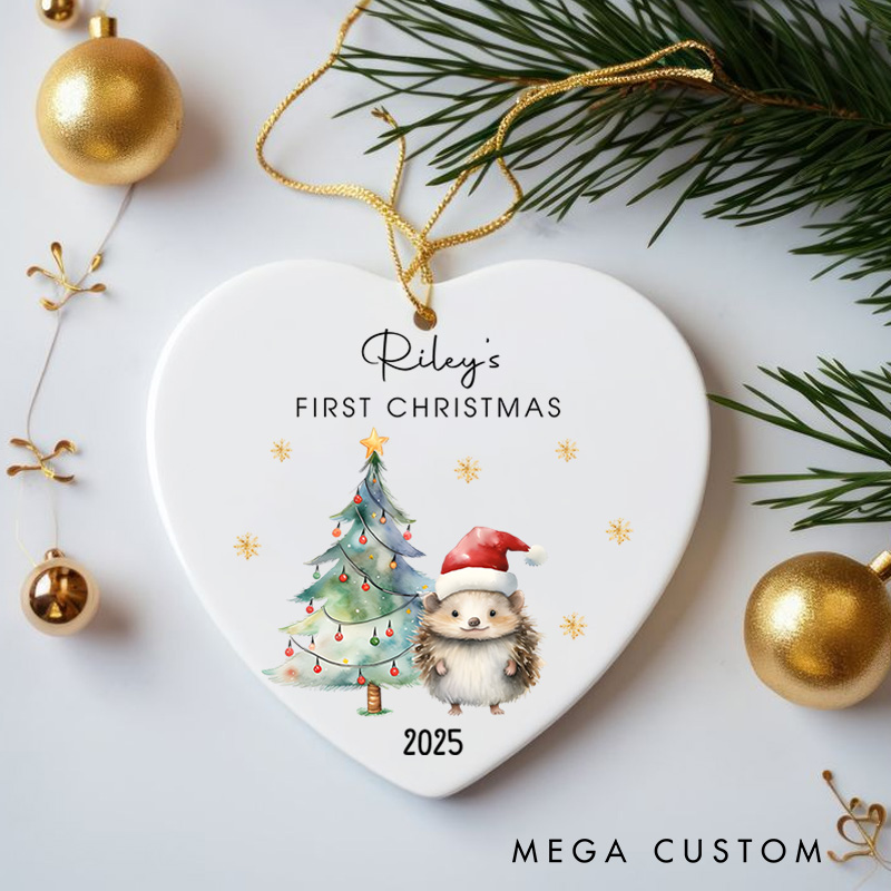 Personalized Hedgehog First Christmas Ornament Highlighting Festive Holiday Scene Christmas Ornament