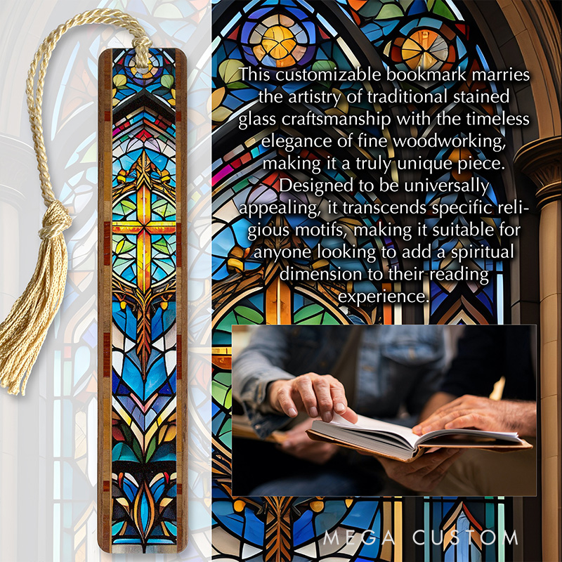 Personalized Gold Cross Stained Glass Design Handcrafted Wooden Bookmark with Tassel and Text Religious Gift for Christians Bookworms