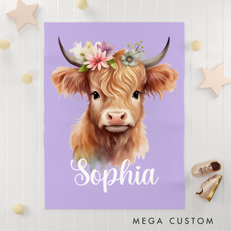Personalized Cute Floral Highland Cow Soft Throw Baby Blanket with Name Birthday Gift for Highland Cow Lovers