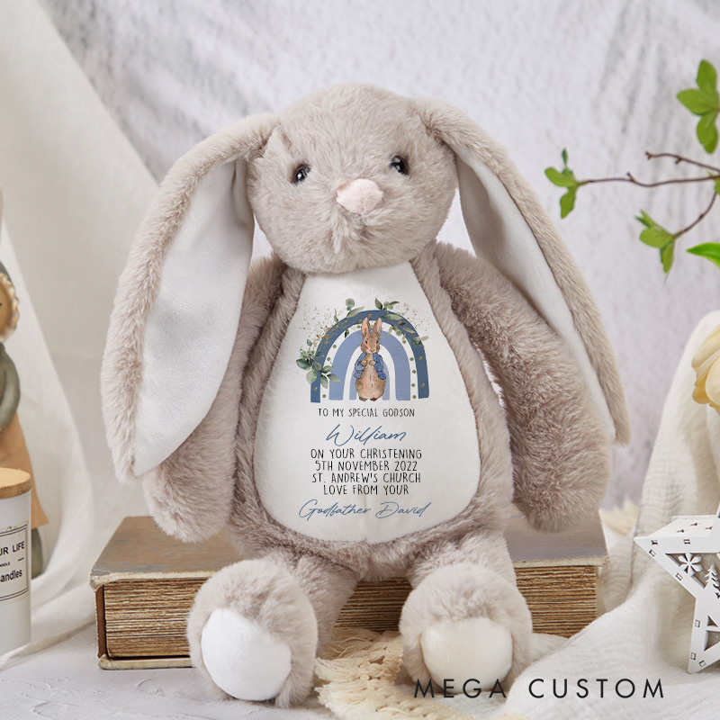 Personalized Godson Christening Peter Rabbit Plush Stuffed Animal Toy with Name Naming Day Baptism Christening Gift