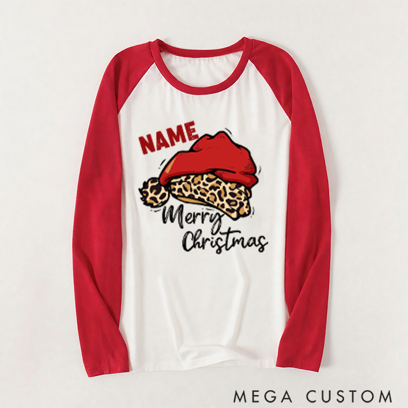Personalized Family Christmas Gift Leopard Santa Hat Pattern Design Family Matching Pajamas