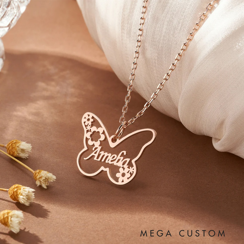 Personalized Butterfly Flower Necklace with Name Minimalist Jewelry Gardening Loves Gift for Mom Grandmother