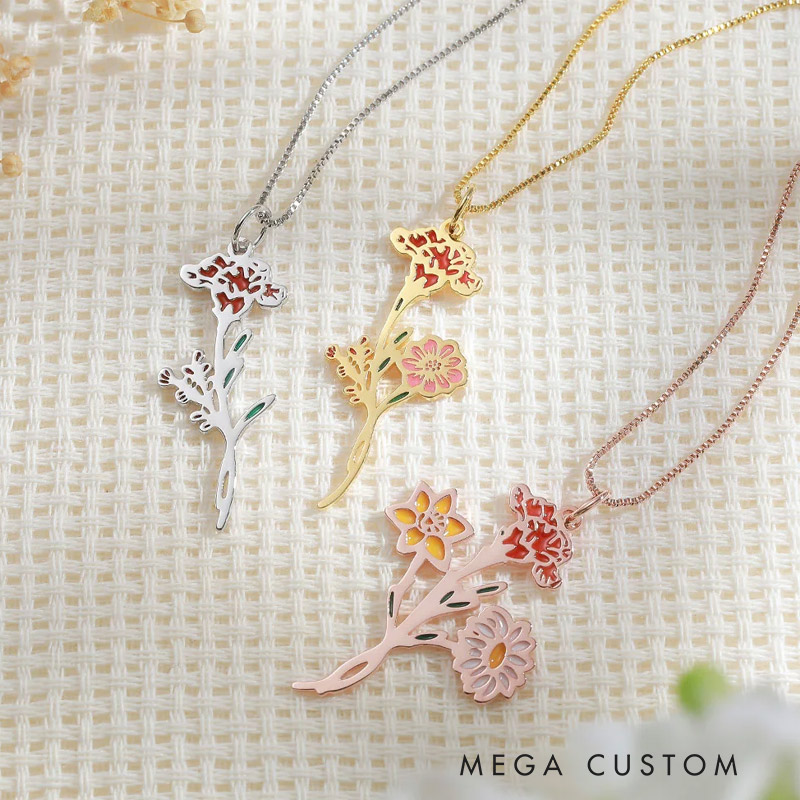Personalized 1-7 Enamel Birth Flower Family Bouquet Pendant Necklace Birthday Mother's Day Gardening Loves Gift for Mom Grandma