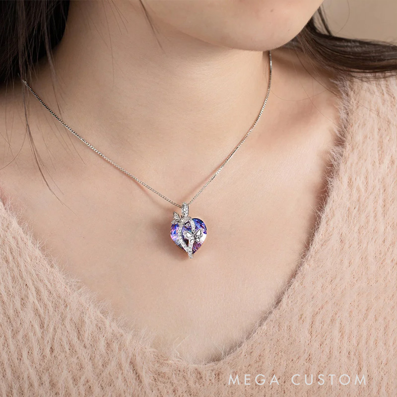 Personalized Birth Month Butterfly Zircon Crystal Heart Pendant Necklace with 1-6 Engraved Name Birthday Mother's Day Gardening Loves Gift for Women