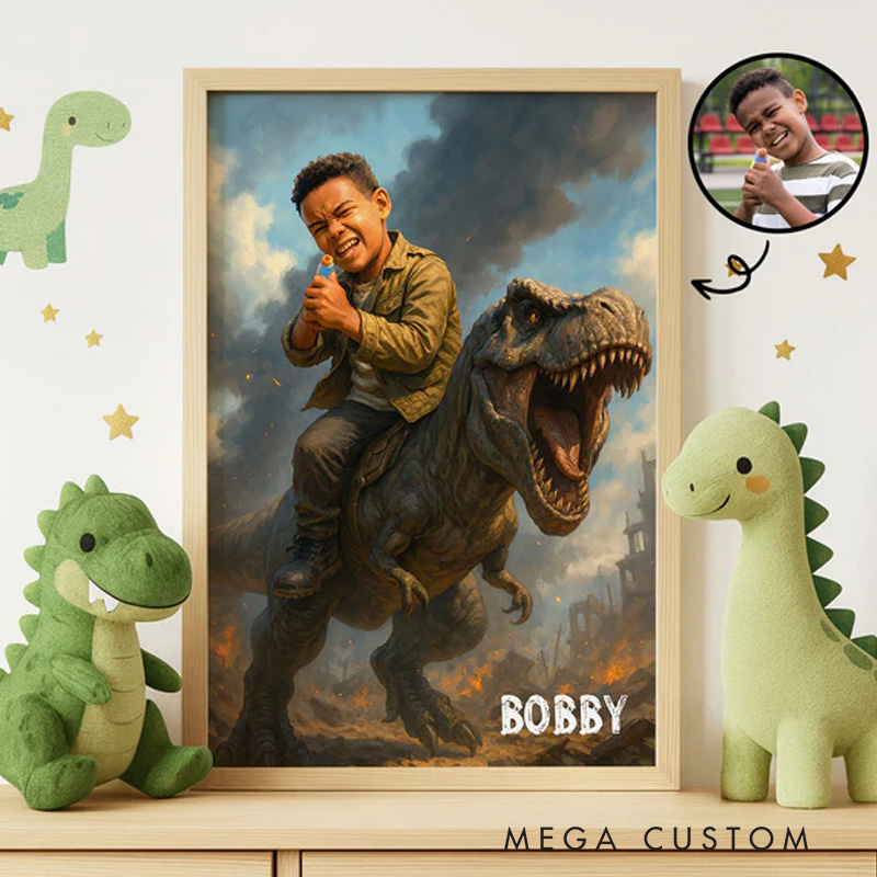 Personalized Child Riding Dinosaur Art Custom Portrait from Photo Personalized Poster Dinosaur Birthday Party Christmas Gifts for Kids and Grandkids