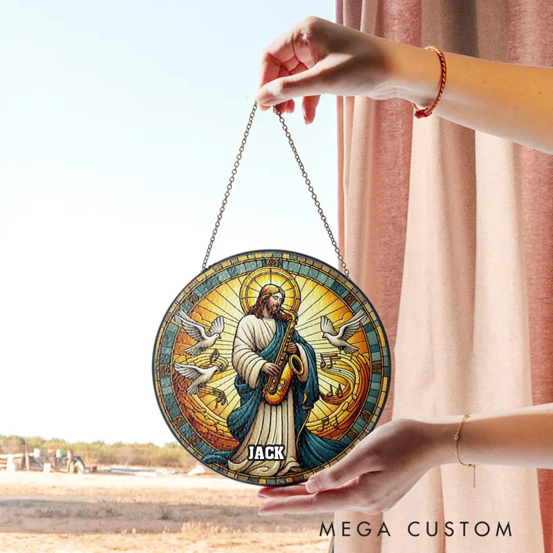 Personalized Name Jesus Playing Saxophone Stained Glass Suncatcher Funny Christian Decor Religious Music Art and Lover Gospel Jazz Gift