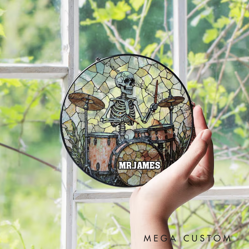 Personalized Name Skeleton Drummer Stained Glass Round Suncatcher Music Art Home Decor Gift for Rock Music Lover