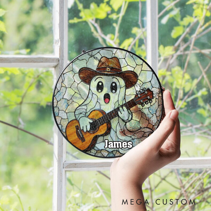 Personalized Name Cute Ghost Playing Guitar Stained Glass Suncatcher Funny Window Decor Gift for Music Lover