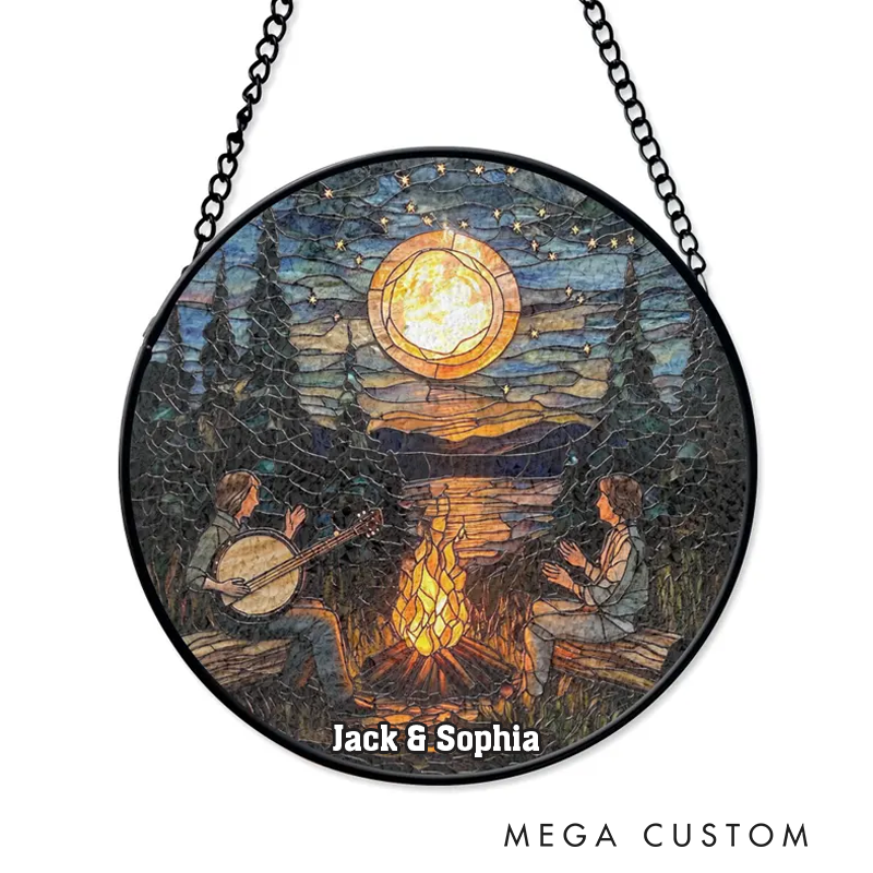 Personalized Name Campfire Banjo Music Stained Glass Nature Lover Stained Glass Art Decor Forest Night Scene Ornament