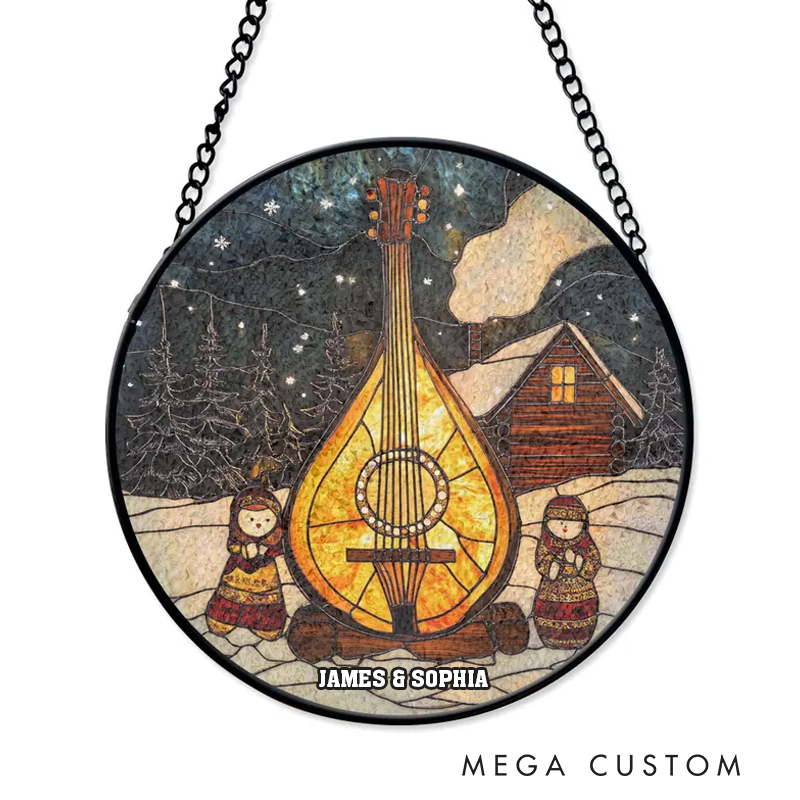 Personalized Name Christmas Gift for Lute Player Stained Glass Musician Hobby Music Ornament String Instrument Stained Glass Cabin Scene Holiday Art